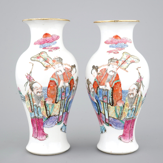 A pair of Chinese porcelain famille rose vases with imperial portraits, 19th C