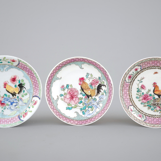 Three Chinese famille rose saucers with cocks, Yongzheng, 1722-1735