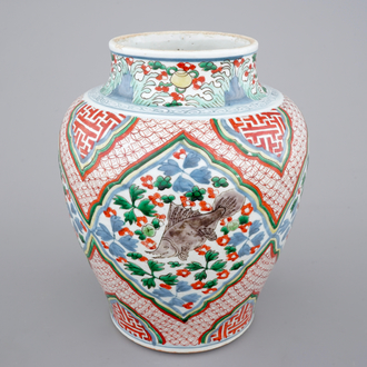 A Chinese wucai porcelain vase with fish, Transitional, Chongzhen or Shunzhi, 1628-1661