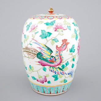 A Chinese polychrome ginger jar and cover with a phoenix, 19th C.