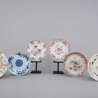 A set of six Chinese famille rose plates, including an armorial Lawson impaling Jessop, 18th C.