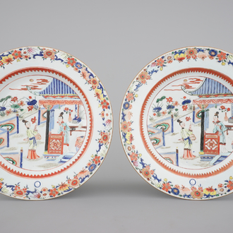 A pair of Chinese porcelain "Beauties in the garden" dishes, Yongzheng, 1722-1735
