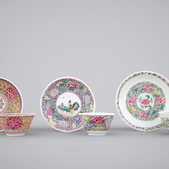 Three Chinese famille rose cups and saucers, Yongzheng and Qianlong, 18th C.