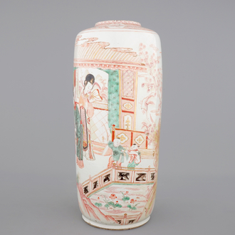 A large Chinese porcelaine famille verte, iron red and gilt rouleau vase, Kangxi, ca. 1720