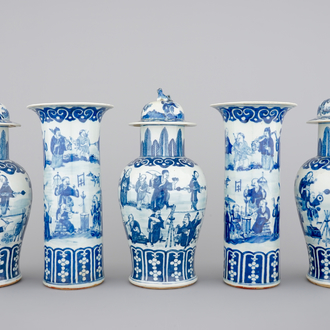 A Chinese bleu de Hue porcelain five piece garniture with acrobats, 19th C