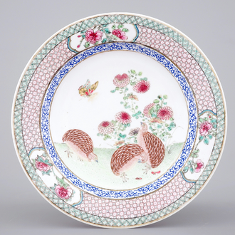 A Chinese eggshell ruby back porcelain plate with quails, Yongzheng, 1722-1735