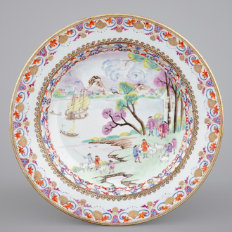 A rare Chinese famille rose export porcelain plate with a harbour view by the seaside, 18th C.