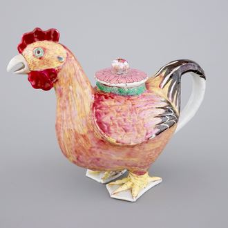 A rare Chinese export porcelain rooster-shaped wine pot and cover, 18th C.