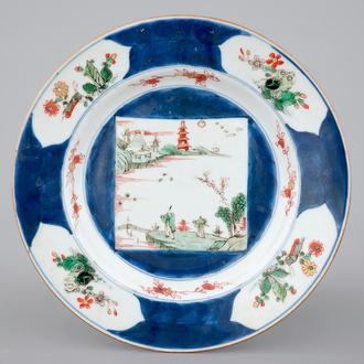 A Chinese porcelain bleu poudré and famille verte plate, Kangxi, ca. 1700