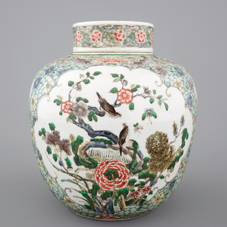 A tall famille verte ginger jar and cover, 19th C