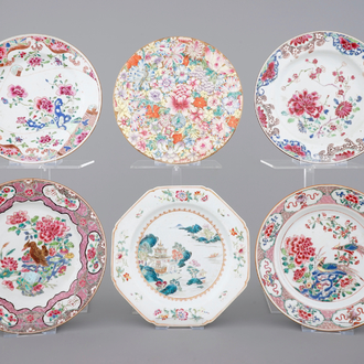 A nice set of six Chinese famille rose plates, 18/19th C.