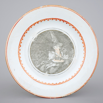 A Chinese grisaille export porcelain "European figures" shepherdess plate, 18th C