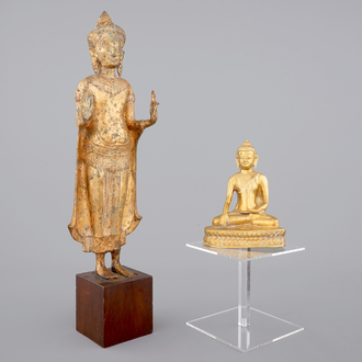 Two Asian gilt Buddha's, one Sino-Tibetan, seated, one standing, Nepalese (?), 19/20th C.