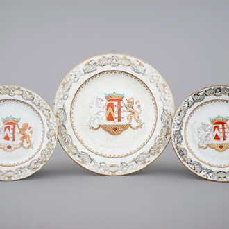 Three Chinese armorial export porcelain bianco sopra bianco and grisaille plates, Qianlong, 18th C.