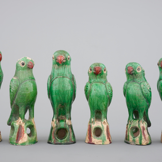 A set of six Chinese sancai pottery figures of parrots, late Qing Dynasty