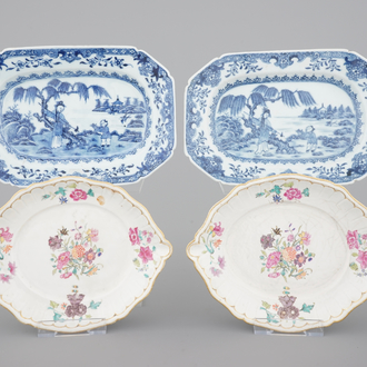 Two pairs of Chinese porcelain serving trays, blue and white and famille rose, 18th C.