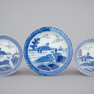 A set of three Chinese blue and white porcelain Dutch market shipwreck plates, poss. Ca Mau cargo, early 18th C.