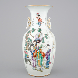 A two-sided Chinese porcelain vase with a garden scene of beauties, ca 1900