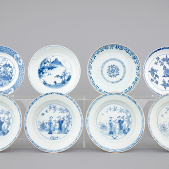 A set of 8 blue and white 18th C. plates: A set of 4 Qianlong figural plates, three Kangxi plates and a Qianlong floral plate