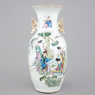 A two-sided Chinese porcelain vase with a garden scene of beauties, ca 1900