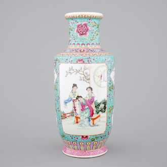 A Chinese famille rose porcelain rouleau vase, 20th C.