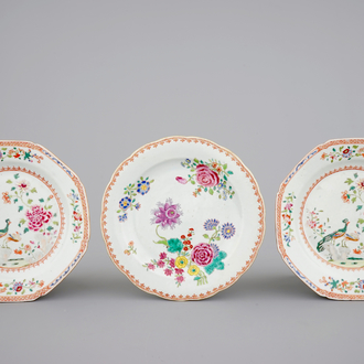 Three Chinese famille rose export porcelain plates, Qianlong, 18th C