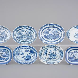 A set of 8 oval and rectangular blue and white Chinese porcelain dishes, 18th C.