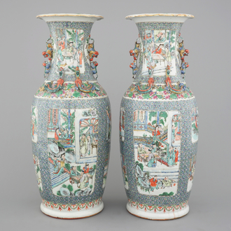A tall pair of Chinese Canton verte porcelain vases with figural scenes, 19th C.