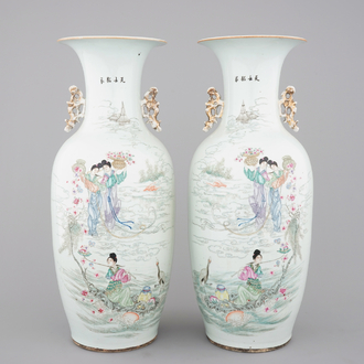 A tall pair of Chinese famille rose "Valentine" vases, 19th C.