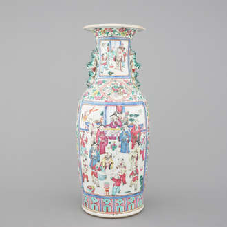 A tall Chinese porcelain famille rose vase with a figural scene, 19th C.