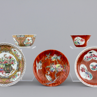 Two Chinese cups and saucers together with a faux-bois saucer, Yongzheng, 1722-1735