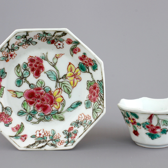 An octagonal Chinese floral famille rose porcelain cup and saucer, 18th C.