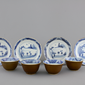 A set of 4 blue and white Chinese shipwreck porcelain cups and saucers, 18th C.