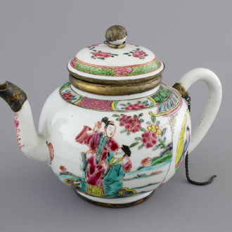 A Chinese silver-mounted famille rose porcelain teapot, Yongzheng-Qianlong, 18th C.