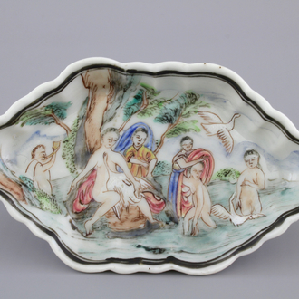 A Chinese famille rose export porcelain mythological spoon tray with Leda and the swan, 18th C.