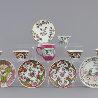 A fine set of six Chinese famille rose export porcelain cups and five saucers, Yongzheng-Qianlong, 18th C.