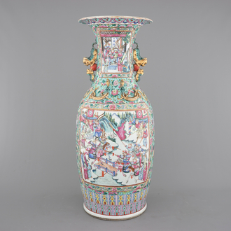 A massive Chinese famille rose vase with figural scenes on a turquoise ground, 19th C.