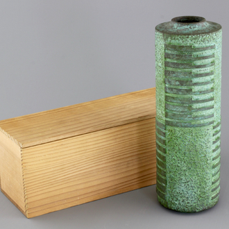 A Japanese green-patinated bronze cylindrical vase with wooden box, Showa period, 20th C.