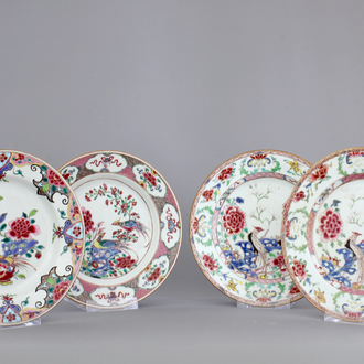 A set of four Chinese famille rose porcelain plates with birds, 18th C.