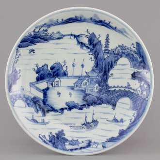 A very fine Chinese blue and white porcelain landscape plate, Kangxi, ca. 1670