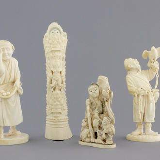 A group of various Asian ivory carvings incl. a falconer, 19th C.