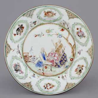 A Chinese famille rose porcelain "Doctor's Visit" plate after Cornelis Pronk, ca. 1740