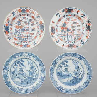Two pairs of Chinese porcelain plates, blue & white and Imari, 18th C.