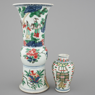 A Chinese wucai porcelain beaker vase and a smaller vase, Chongzhen (1628-1643), Transitional period