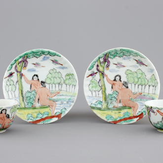 Two Dutch-decorated Chinese porcelain cups and saucers depicting Adam and Eve, ca. 1730