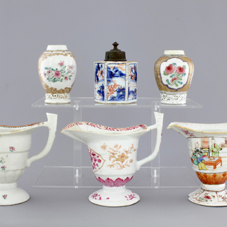 Three Chinese export porcelain tea caddies and three helmet-shaped jugs, Yongzheng-Qianlong, 18th C.
