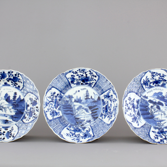 A set of three scalloped blue and white Chinese porcelain landscape plates, Kangxi, ca. 1700