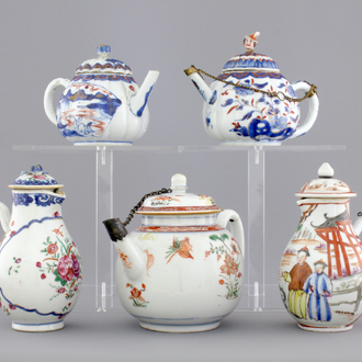 Three Chinese famille verte and Imari porcelain teapots and two export porcelain cream jugs, 18th C.