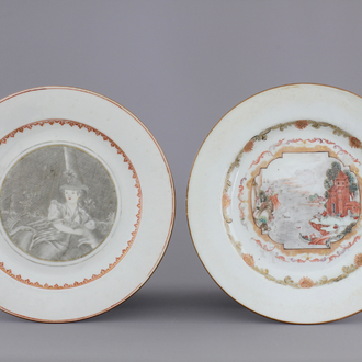 Two Chinese export porcelain grisaille and gilt European subject plates, Qianlong, 18th C.