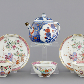 A set of three fine Chinese famille rose cups and two saucers, Yongzheng, and a Chinese Imari teapot, 18th C.